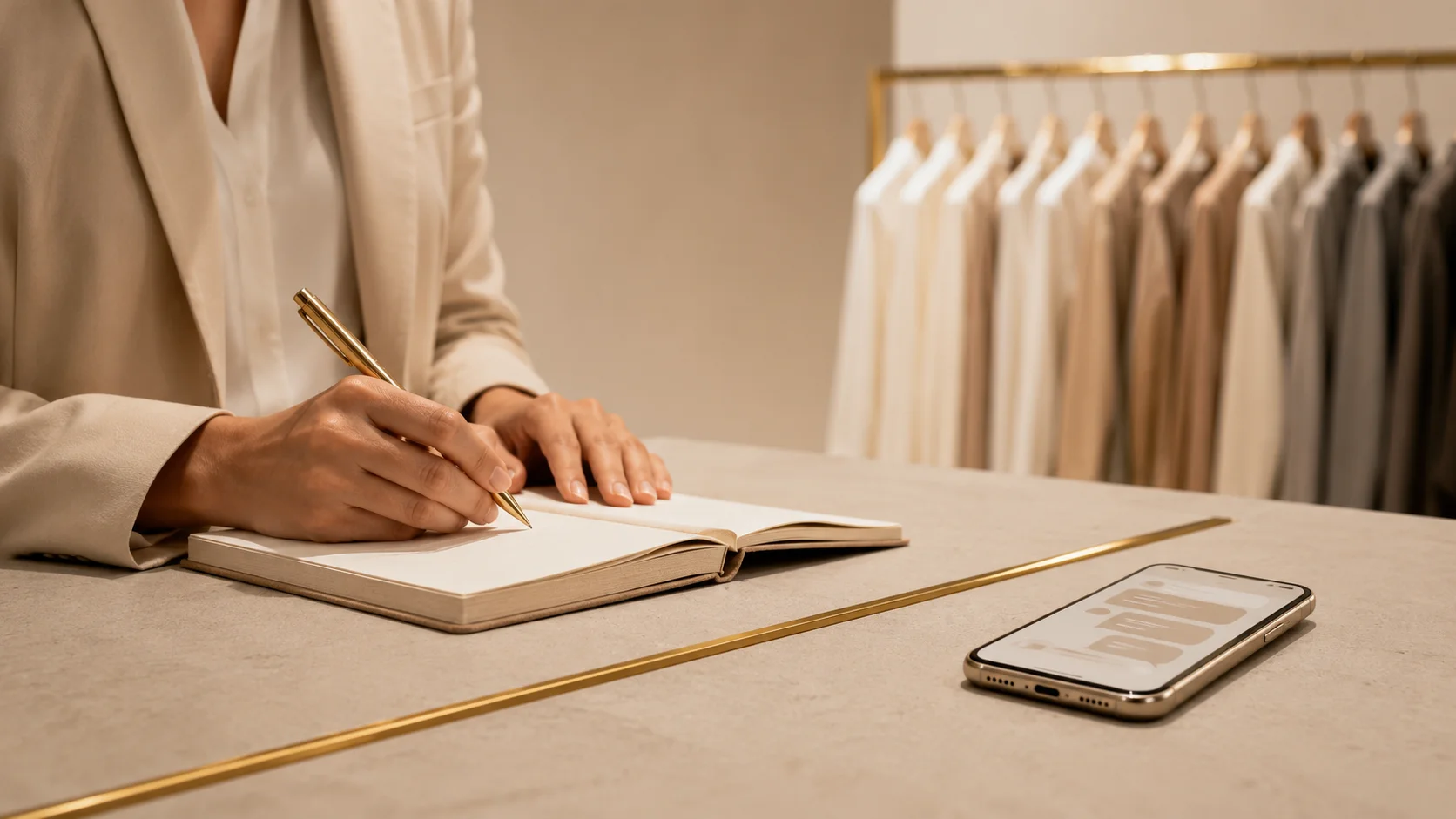Caderno e smartphone sobre mesa de atendimento premium