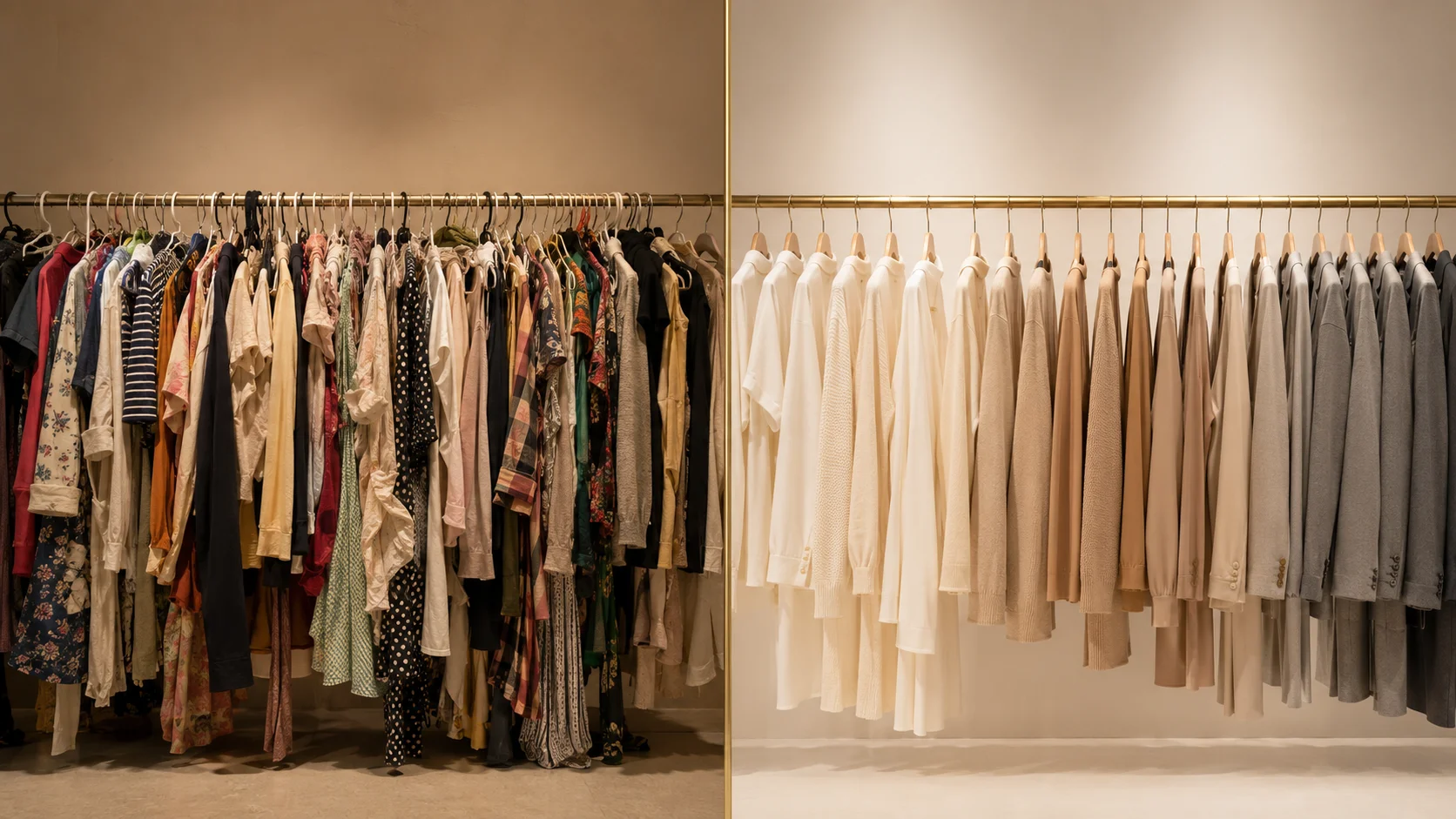 Comparação entre arara desorganizada e arara premium de boutique